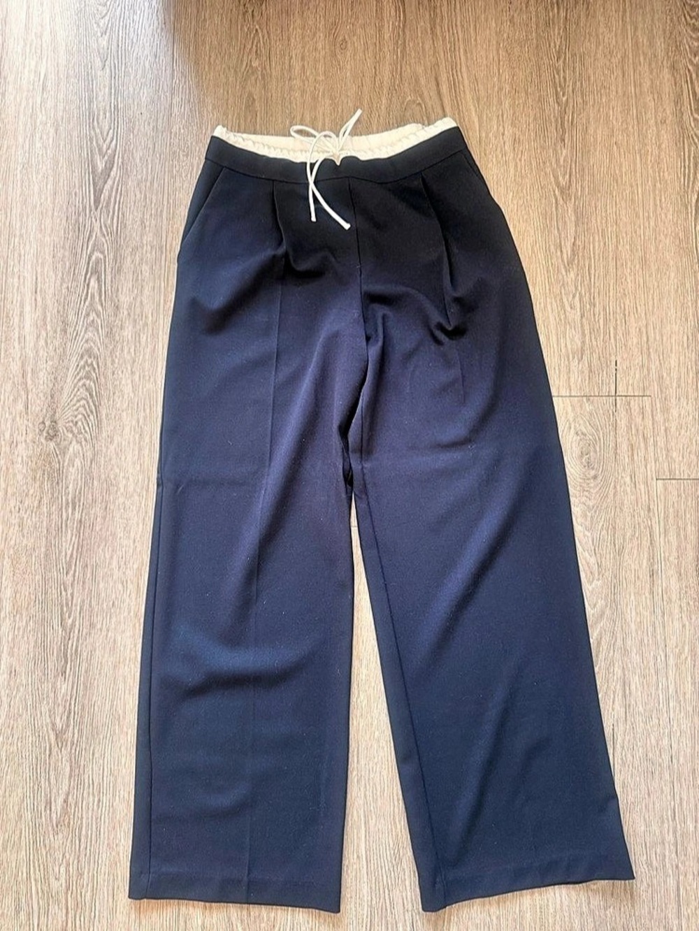 Zara Double-Waistband Wide-Leg Pants Women's Blue Trousers, Medium
